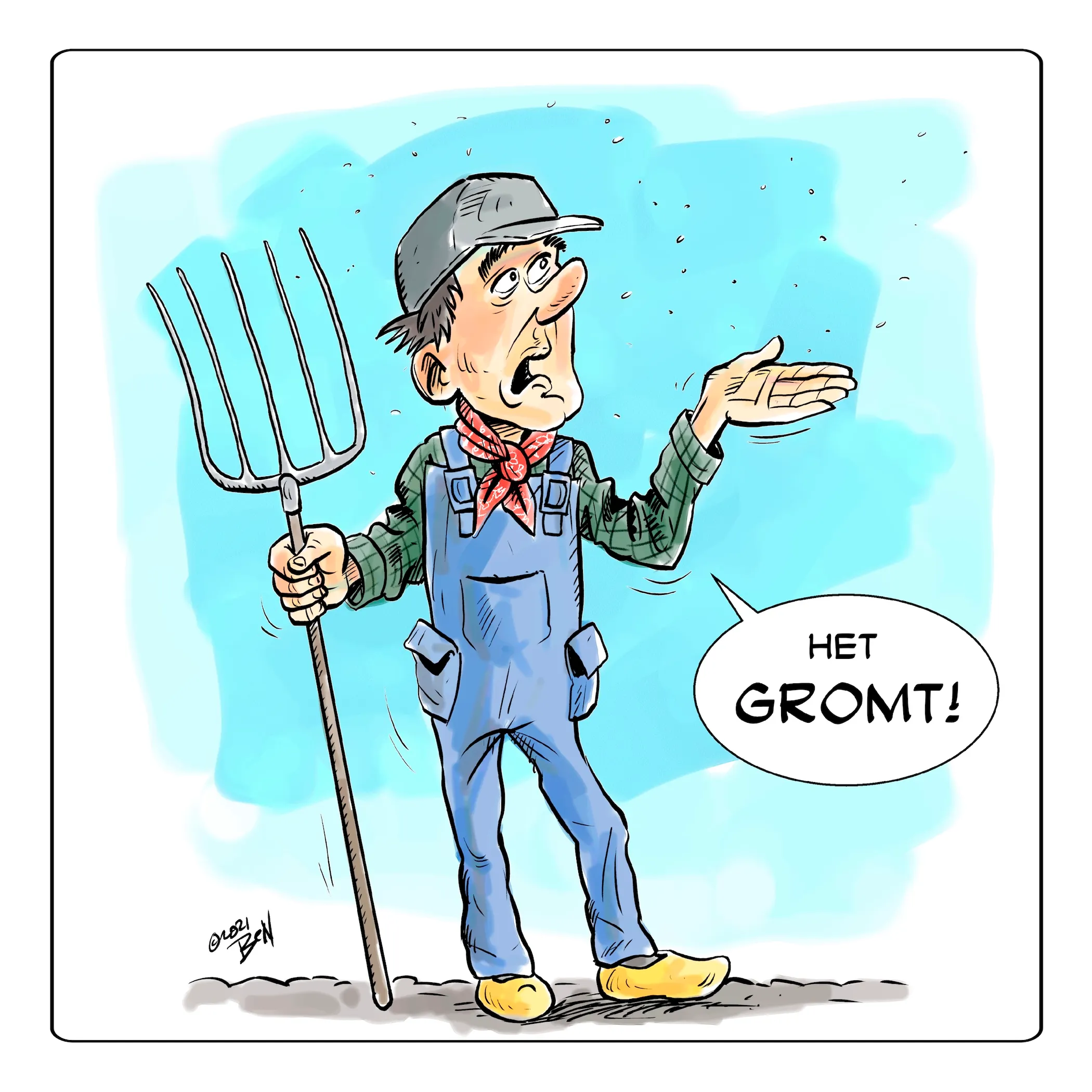 Cartoon van een Drentse boer met hooivork: "Het gromt!"