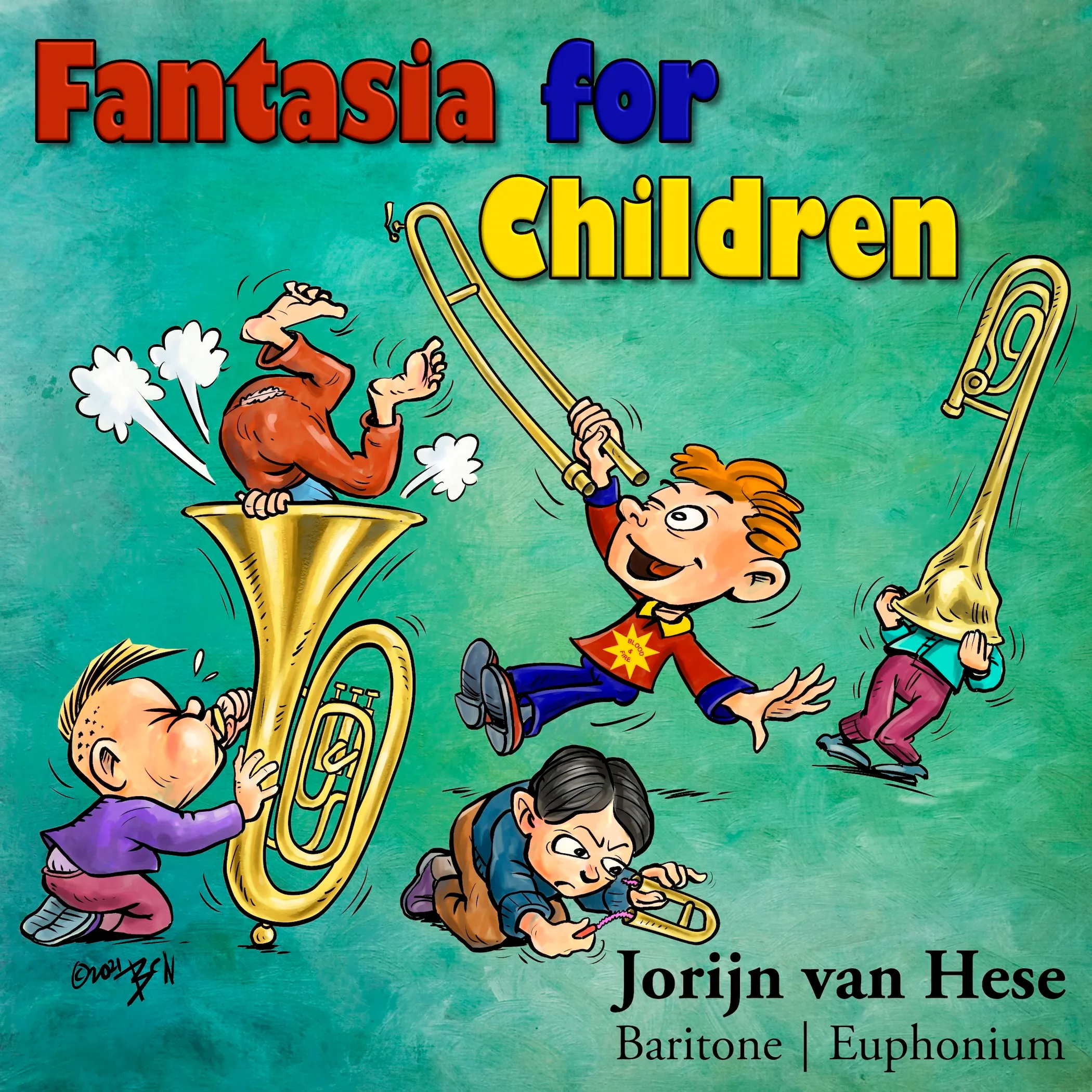 Albumcover-illustratie "Fantasia for Children" met spelende kinderen en instrumenten