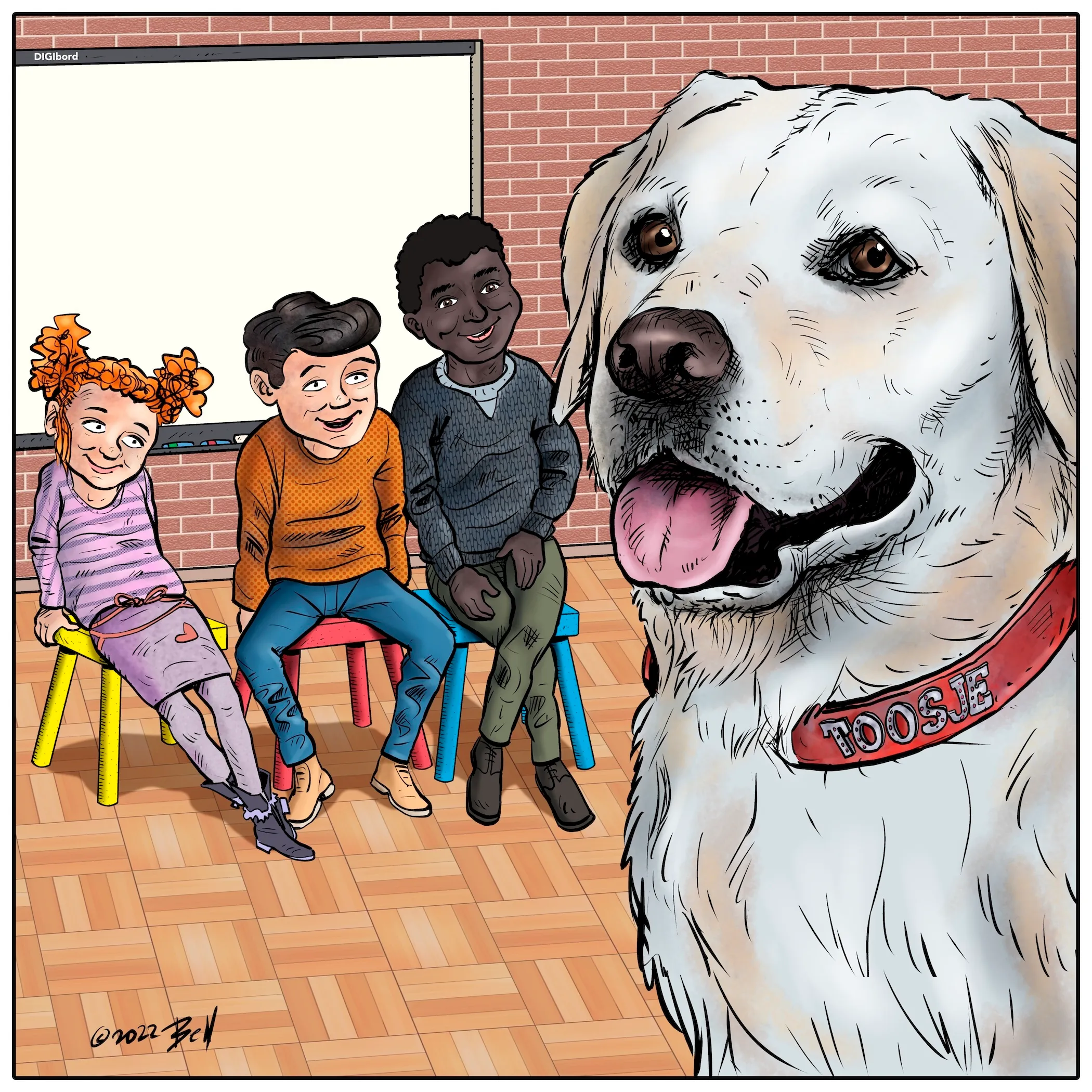 Illustratie van schoolkinderen met een vrolijke labrador door Ben Art Work